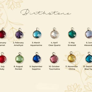 May include: Twelve gemstone charms, each representing a birth month. The charms have silver-coloured settings and feature various coloured stones, including garnet, amethyst, aquamarine, and emerald. The word "Birthstone" is written at the top of the image.