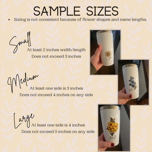 May include: Three stainless steel tumblers with different floral designs. The tumblers are labeled "Small", "Medium", and "Large" with size guidelines for each. The "Large" tumbler has the name "Jeneffe" written on it.