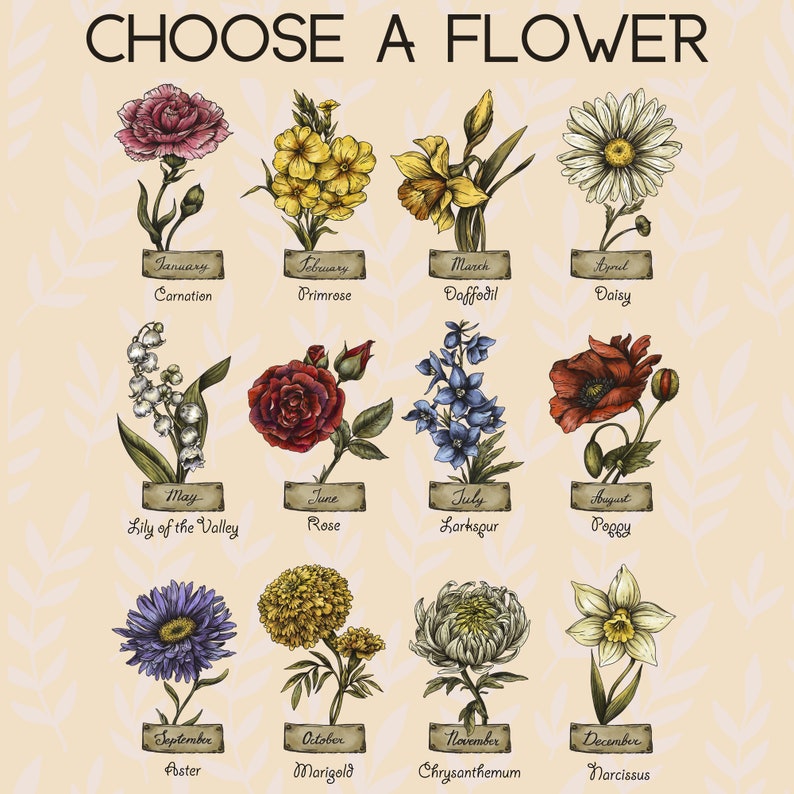 May include: A chart showing a different flower for each month of the year. The flowers are illustrated in a vintage style with hand-drawn details. The chart includes the name of the flower and the month it represents.