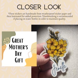 May include: A yellow flower sticker with the text "Jenelle" in blue cursive writing. The sticker is a great Mother's Day gift.