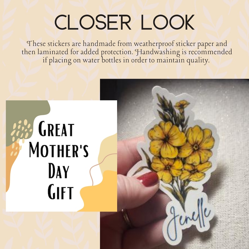 May include: A yellow flower sticker with the text "Jenelle" in blue cursive writing. The sticker is a great Mother's Day gift.