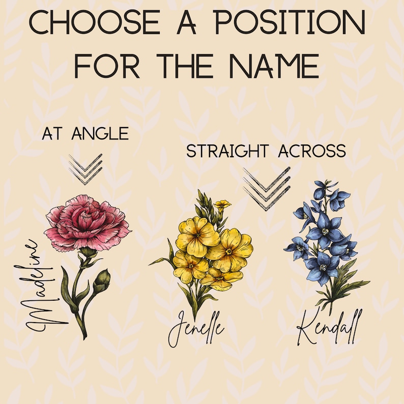 May include: A graphic showing three different ways to position a name on a floral design. The first option is "at angle" with the name "Madeline" written vertically along the stem of a pink carnation. The second option is "straight across" with the name "Jenelle" written horizontally below a bouquet of yellow flowers. The third option is "straight across" with the name "Kendall" written horizontally below a bouquet of blue flowers.