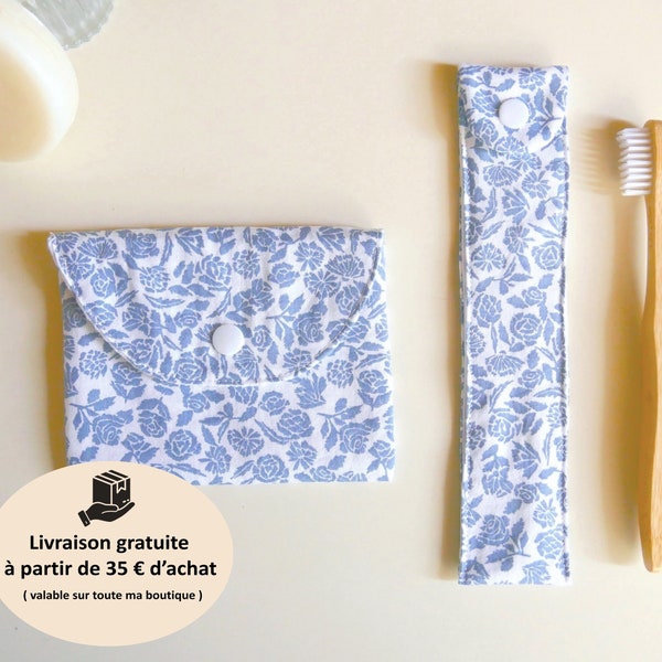 Lot pochette pour savon et étui à brosse à dents en tissu fleuri bleu