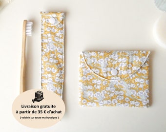 Kit de voyage pochettes pour savon et brosse à dents tissu fleurs jaunes