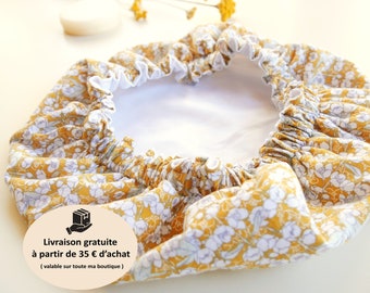 Bonnet de soin pour cheveux en coton et intérieur imperméable jaune fleuris