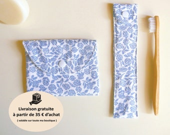 Lot pochette pour savon et étui à brosse à dents en tissu fleuri bleu