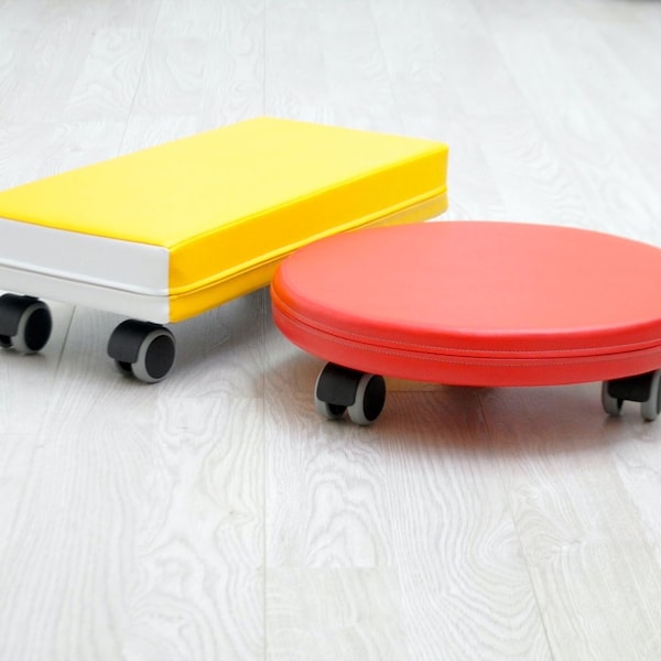 OPLAY Soft Play: 2 Shapes on Wheels Set - Baby and Toddler Nursery Moving Blocks Helper Montessori Daycare Toys in Red and Yellow Color