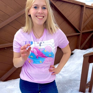 Whale tshirt, unique whale shirt, pink themed shirt, cheerful shirt, cartoon whale shirt, pink cartoon shirt, light colored shirt, bubbles