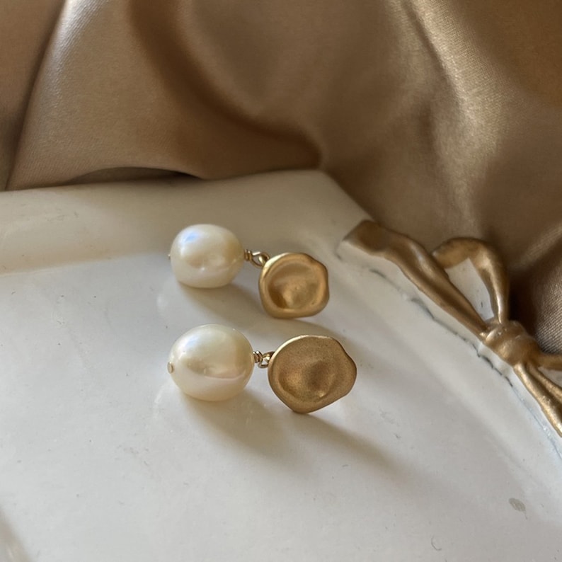 Baroque pearl earrings,Silver 14K Gold Plated Earrings,Vintage Style Earrings,Pearl Jewelry,Bridesmaid Gifts,Anniversary Gift 7 image 2