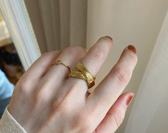 Gold Plated Chain Ring, Vintage Chic Stacked Gold Plated Snake Ring with Soft Chain, Birthday Gift, Gift for HER 3