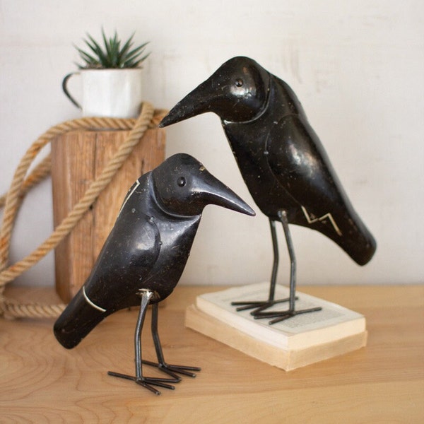 Primitive Black Metal Crow Raven Figurine Sculpture Art Set of 2