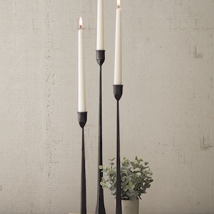 Tall Black Cast Iron Taper Candlestick Holders Set of 3 Hand Forged Birthday Wedding Anniversary Housewarming Gifts