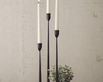 Tall Black Cast Iron Taper Candlestick Holders Set of 3 Hand Forged Birthday Wedding Anniversary Housewarming Gifts