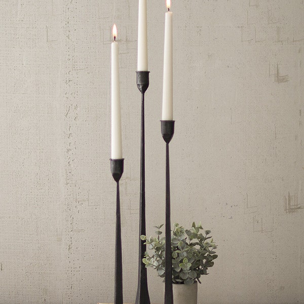 Tall Black Cast Iron Taper Candlestick Holders Set of 3 Hand Forged Birthday Wedding Anniversary Housewarming Gifts