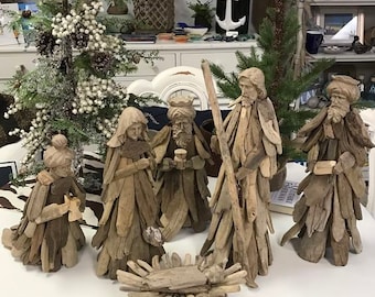 Rustic Driftwood Nativity Set Manger Scene 6 Pieces Joseph Mary Jesus 3 Kings