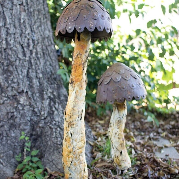 Metal Mushroom Toadstool Yard Art Garden Stake Sculpture Set of 2 Gift for Gardeners Plant Lovers