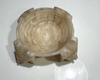 Hand Carved Etched, Alabaster Stone Ashtray - Vintage