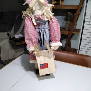 Wooden Doll White Red Blue Dress Folk Art Kids Toy - Vintage