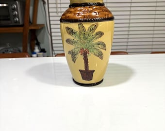 Ceramic Vase - Hand Painted Tropical Palm Motif - Decor