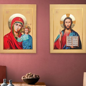 Hand painted Icon Virgin and Jesus, Greek Byzantine Orthodox Christian icon, Custom icon on natural wood, Ukrainian Icon, personalized gifts