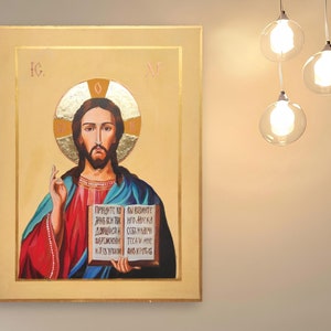 Jesus Christ icon painted on natural wood, Christmas Greek-Byzantine Orthodox Ukrainian icon of the Savior on canvas,Christian gifts for mom