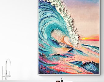 Original 3D Wave Canvas Painting, Texture Ocean Wall Art, Abstract Volumetric Minimalist, Custom Oil Painting, Gift for Home Bathroom Decor