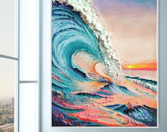 Original 3D Wave Canvas Painting, Texture Ocean Wall Art, Abstract Volumetric Minimalist, Custom Oil Painting, Gift for Home Bathroom Decor