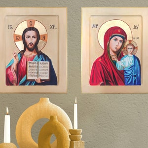 Hand painted Icon Virgin and Jesus, Greek Byzantine Orthodox Christian icon, Custom icon on natural wood, Ukrainian Icon, Mom Easter gifts
