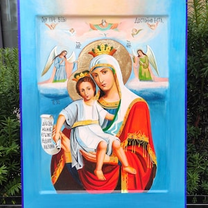 Icon Virgin Mary with Jesus &quot;Worthy is&quot; on natural wood, Custom hand painted Orthodox icons on canvas, Christian Gift for Believer, gift mom