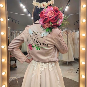 Veste de mariage à fleurs peintes, veste de mariée en cuir personnalisée, veste de mariée florale, veste en cuir de Mme, veste en cuir personnalisée