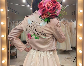 Wedding painted flower jacket, Custom Leather Bridal Jacket, Floral bridal wedding jacket, Mrs Leather Jacket, personalized leather jacket