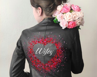 Wedding painted heart jacket, personalized gift, Custom Leather Bride Clothes,bridal wedding jacket bridesmaids,Jacket mrs her for Honeymoon