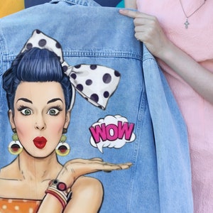 Denim Jacket Women, Pop Art Comic Girl jean Jacket, Custom Hand painted Embellished Clothes 80s, Oversized Pin-up personalized gift for her