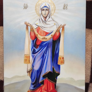 Holy Protection Our Lady, icon Virgin Mary on canvas, Custom hand painted Orthodox icons on natural wood, Christian gift for mom