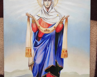 Icono de la Virgen María sobre lienzo, Santa Protección Nuestra Señora, Iconos ortodoxos originales pintados a mano personalizados sobre madera natural, regalo cristiano para mamá