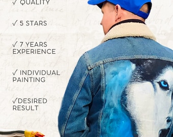 Custom Hand Painted Denim Jacket, pet portrait on clothes, biker jacket with a wolf, personalized gift him and her, art leather jacket order