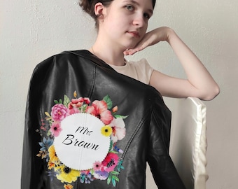 Wedding painted flower jacket, Custom Leather Bride clothes, Floral bridal wedding jacket, Mrs Leather Jacket, personalized gift jacket her