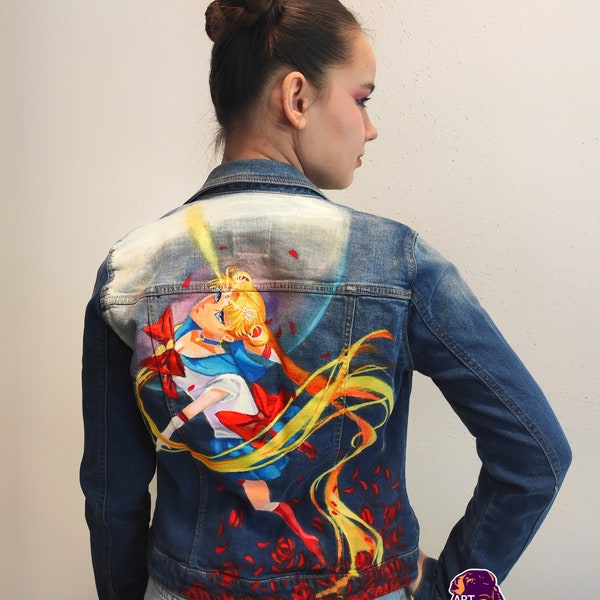 Hand Painted Anime Denim Jacket, Custom paint Jacket for her, anime costume, Order Hand Painted Art Clothing, Custom Anime jeans Clothes