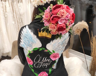 Wedding painted flower jacket, Custom Bridal Jacket, Floral bridal wedding jacket, Mrs Leather Jacket, personalized leather jacket