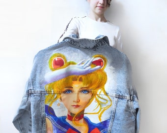 Handbemalte Anime Jeansjacke, Benutzerdefinierte Lackjacke für Sie, Anime-Kostüm, Bestellen Sie Handbemalte Kunstkleidung, benutzerdefinierte Anime-Jeanskleidung