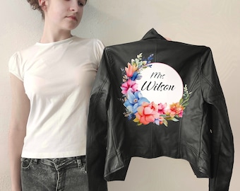 Wedding painted flower jacket, Personalized gift leather Jacket, Mrs hand painting floral Jacket, Custom art clothes Bridal and bridesmaids