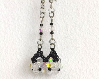 Beautiful earrings with beads made by hand in black and  crystal beads, handmade with good energy