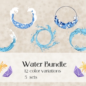 Peut inclure: Ensemble d'eau : 12 variations de couleurs, 5 ensembles de motifs de cercles d'eau bleus. Chaque motif présente un style différent de vague ou d'éclaboussure d'eau.