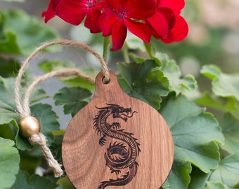 wooden tree ornament, Dragon & 2025, real cherry hardwood, 3-inch diameter, only natural materials, zero-plastic packaging, made in Canada