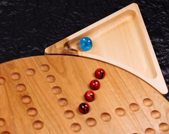 Wahoo game, cherry hardwood, 15" diameter board with matching maple hardwood dice tray, 16-mm marbles d6 dice included, free laser engraving