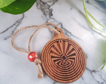 wooden tree ornament, man in the maze, labyrinth 2025, real cherry hardwood, 3-inch diameter, only natural materials, zero-plastic packaging