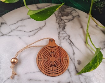 wooden tree ornament, labyrinth 2026, real cherry hardwood, 3-inch diameter, only natural materials, zero-plastic packaging