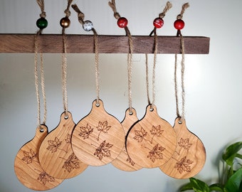 6-pack laser-engraved maple leaves wooden tree ornaments, solid cherry hardwood, 3-inch diameter, only natural materials, zero-plastic