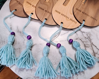 tassel maker 9000, hardwood of your choice (walnut/cherry), real wood and wool, comes with a tassel, zero-plastic packaging, made in Canada