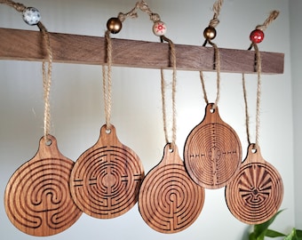 Cherry Hardwood Labyrinth Ornament Set, Man in Maze Design, 2026, 5-Pack